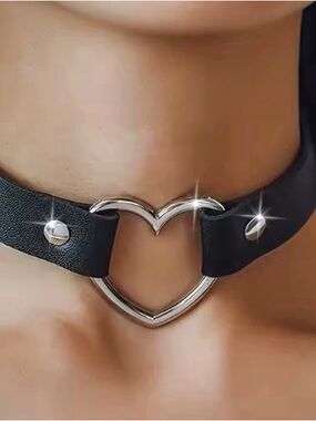 Black faux leather Heart Choker with Silver Accent.